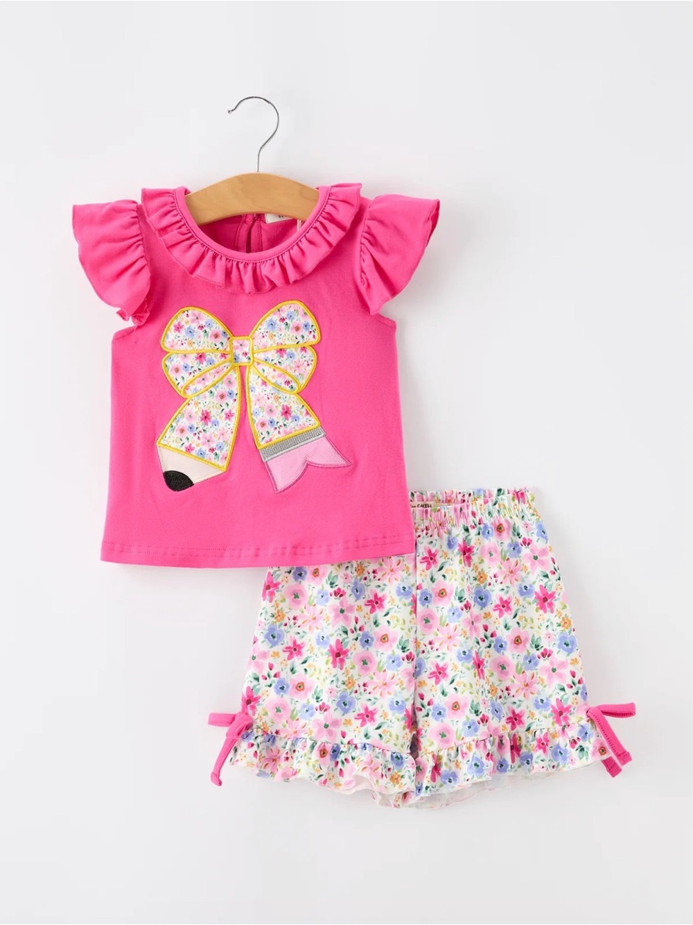 Rylee Faith Girls Floral Bow Applique Top Ruffle Shorts Set